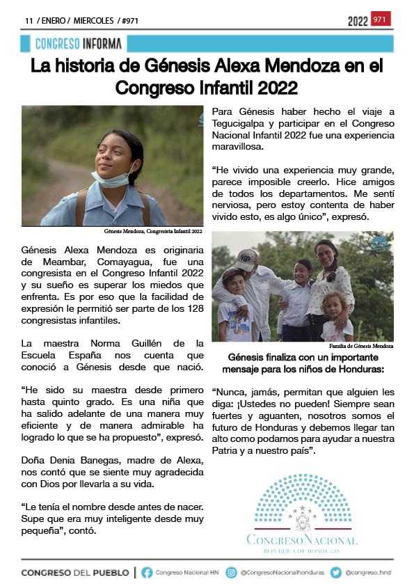 La historia de Génesis Alexa Mendoza en el Congreso Infantil 2022